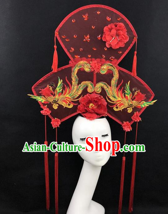 Chinese Traditional Palace Exaggerated Headdress Catwalks Embroidered Phoenix Red Hair Accessories for Women