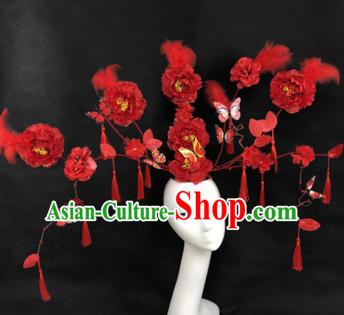 Chinese Traditional Palace Exaggerated Headdress Catwalks Red Peony Hair Accessories for Women
