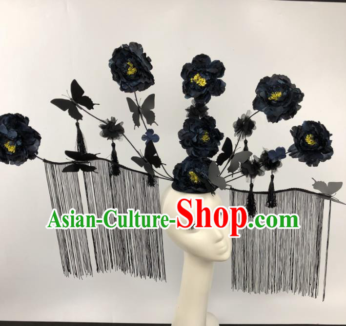 Chinese Traditional Palace Exaggerated Headdress Catwalks Black Peony Hair Accessories for Women