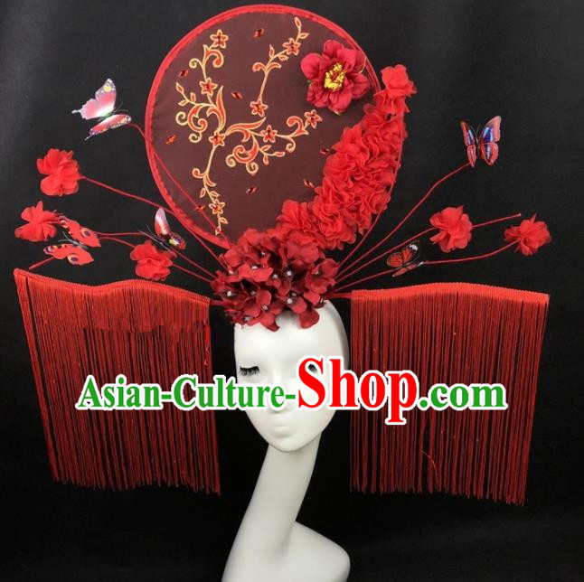 Chinese Traditional Palace Exaggerated Headdress Catwalks Red Butterfly Tassel Hair Accessories for Women