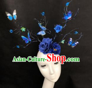 Top Grade Catwalks Hair Accessories Halloween Brazilian Carnival Blue Flowers Butterfly Headdress for Kids