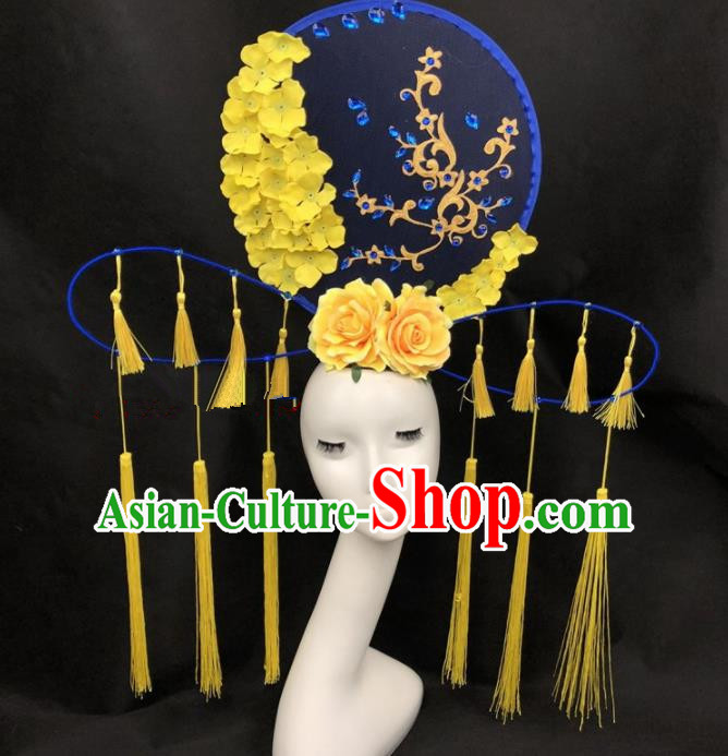 Chinese Traditional Palace Exaggerated Headdress Catwalks Yellow Peony Tassel Hair Accessories for Women