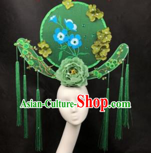 Chinese Traditional Palace Exaggerated Headdress Catwalks Green Peony Embroidered Hair Accessories for Women