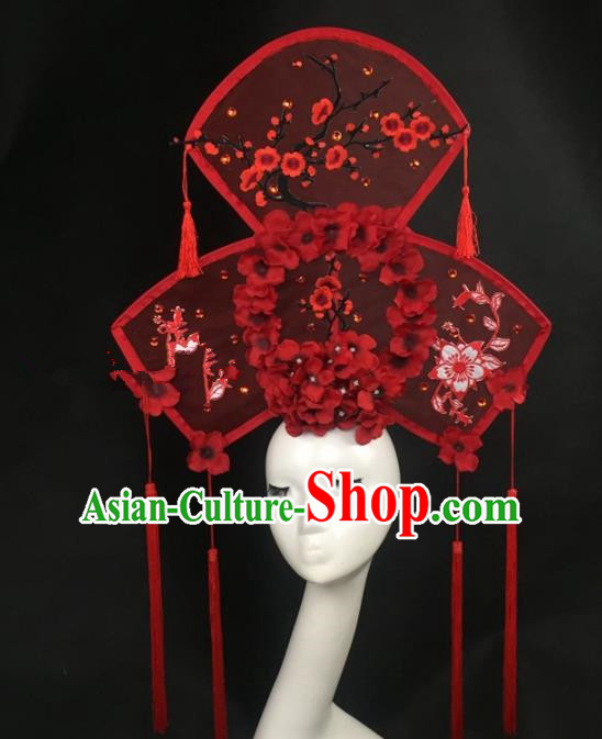 Chinese Traditional Palace Exaggerated Headdress Embroidered Plum Blossom Red Catwalks Hair Accessories for Women