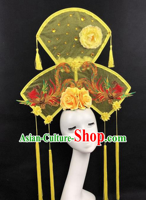 Chinese Traditional Palace Exaggerated Headdress Embroidered Phoenix Yellow Catwalks Hair Accessories for Women
