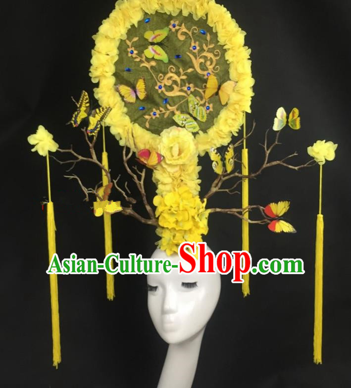 Chinese Traditional Palace Exaggerated Headdress Yellow Flowers Catwalks Hair Accessories for Women