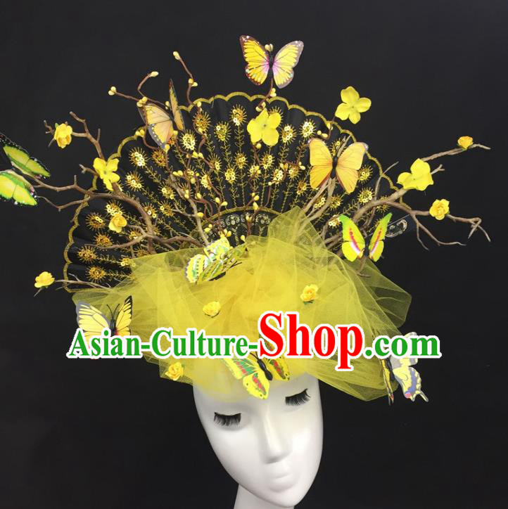 Top Grade Catwalks Hair Accessories Halloween Brazilian Carnival Yellow Veil Butterfly Headdress for Kids