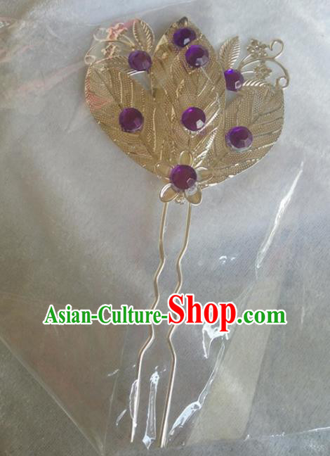 Chinese Ethnic Dai Nationality Hair Accessories Traditional Purple Crystal Hairpins for Women