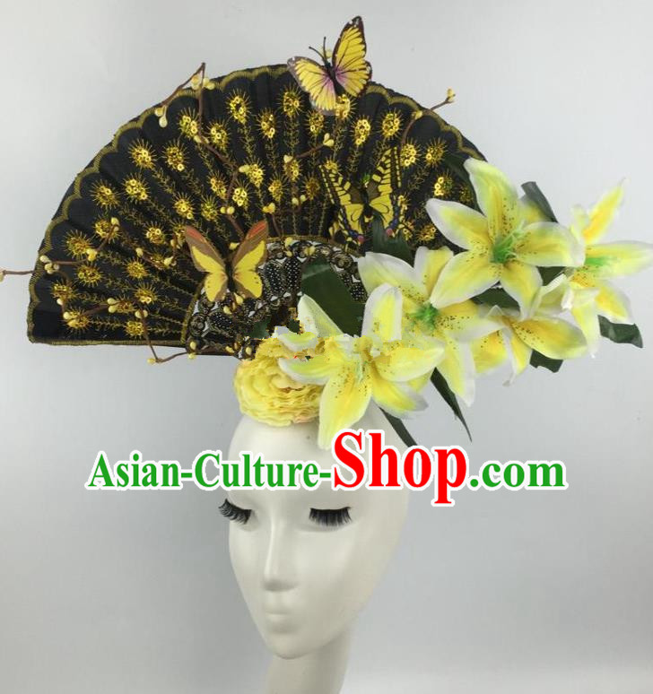 Chinese Traditional Exaggerated Headdress Palace Catwalks Yellow Lily Flowers Hair Accessories for Women