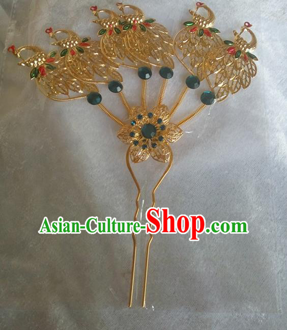 Chinese Ethnic Dai Nationality Hair Accessories Traditional Green Crystal Peacock Hairpins for Women