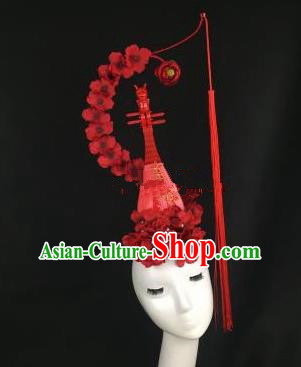 Chinese Traditional Exaggerated Headdress Palace Catwalks Red Flowers Lute Hair Accessories for Women