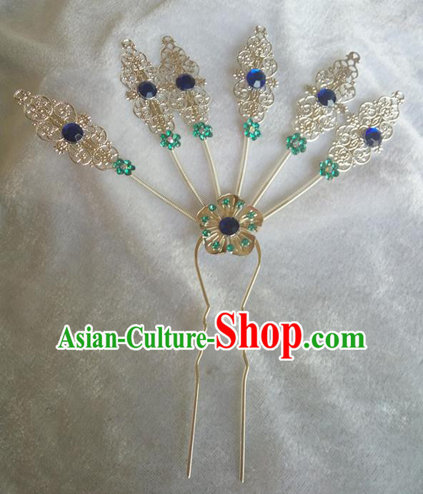 Chinese Ethnic Dai Nationality Hair Accessories Traditional Royalblue Crystal Hairpins for Women