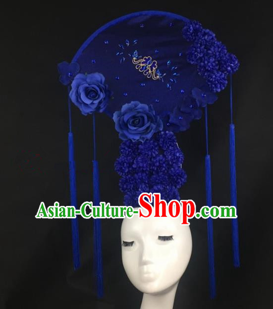 Chinese Traditional Exaggerated Headdress Palace Catwalks Blue Peony Hair Accessories for Women