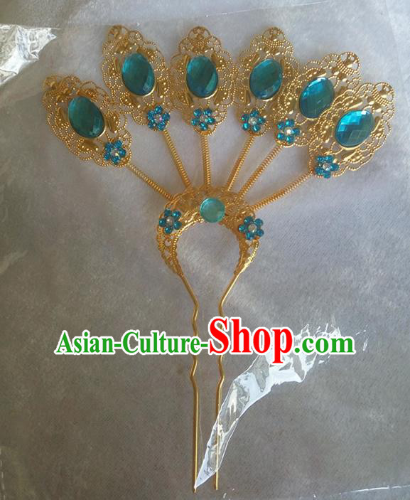 Chinese Ethnic Dai Nationality Hair Accessories Traditional Blue Crystal Hairpins for Women