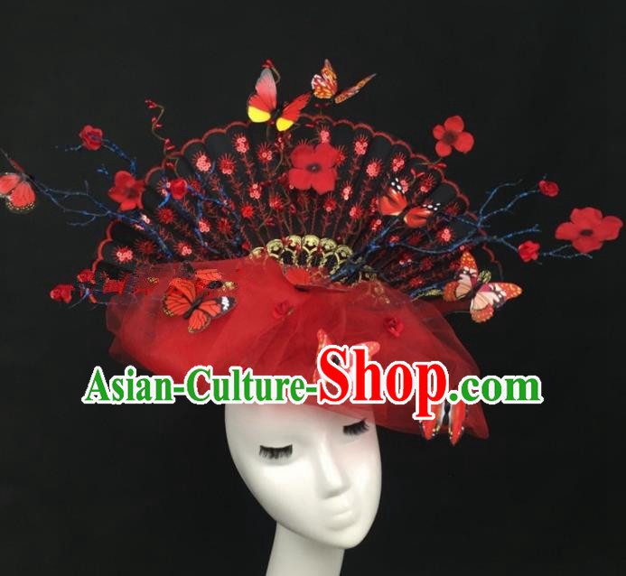 Chinese Traditional Exaggerated Headdress Palace Catwalks Red Veil Butterfly Hair Accessories for Women