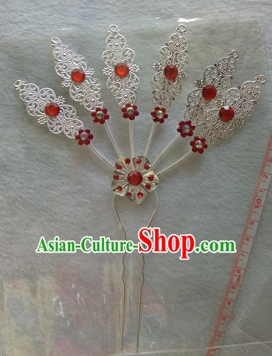 Chinese Ethnic Dai Nationality Hair Accessories Traditional Red Crystal Hairpins for Women