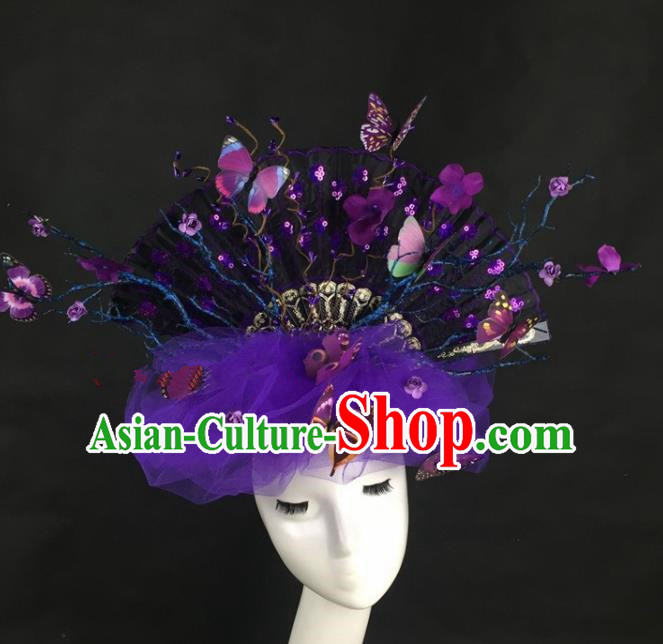 Chinese Traditional Exaggerated Headdress Palace Catwalks Purple Veil Butterfly Hair Accessories for Women