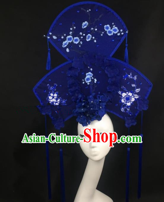 Chinese Traditional Exaggerated Headdress Palace Catwalks Blue Flowers Butterfly Hair Accessories for Women