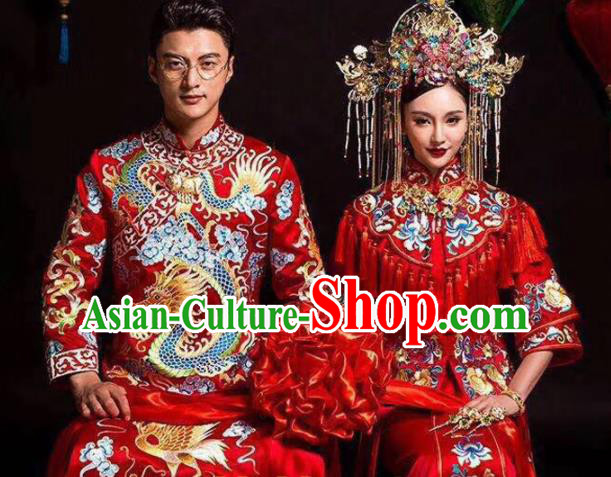 Asian Chinese Ancient Wedding Costumes Traditional Bride and Bridegroom Red Clothing for Women for Men