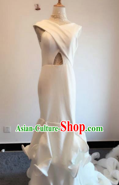 Top Grade Catwalks Costume White Satin Trailing Full Dress for Women