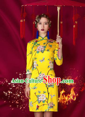 Asian Chinese National Costume Traditional Yellow Cheongsam Qipao Dress for Women