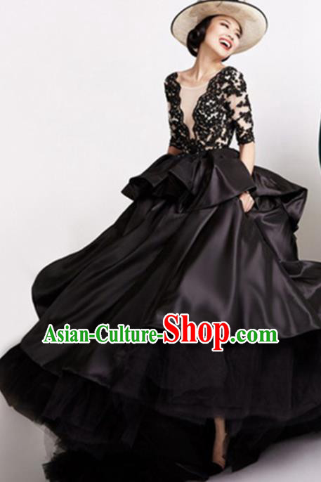 Top Grade Catwalks Costume Black Satin Trailing Full Dress for Women