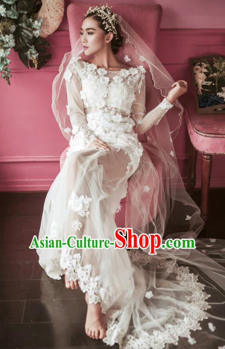 Top Grade Catwalks Costume White Lace Trailing Full Dress for Women