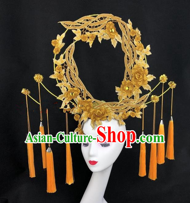 Chinese Traditional Exaggerated Headdress Ancient Catwalks Embroidered Yellow Peony Hair Accessories for Women