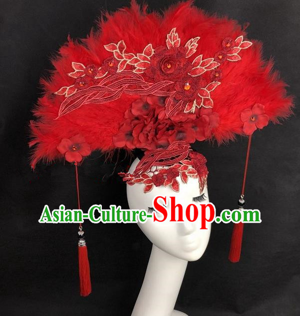 Chinese Traditional Exaggerated Headdress Catwalks Red Feather Hair Accessories for Women