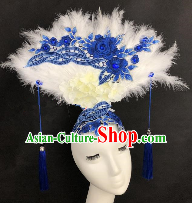 Chinese Traditional Exaggerated Headdress Catwalks Blue Peony Feather Hair Accessories for Women