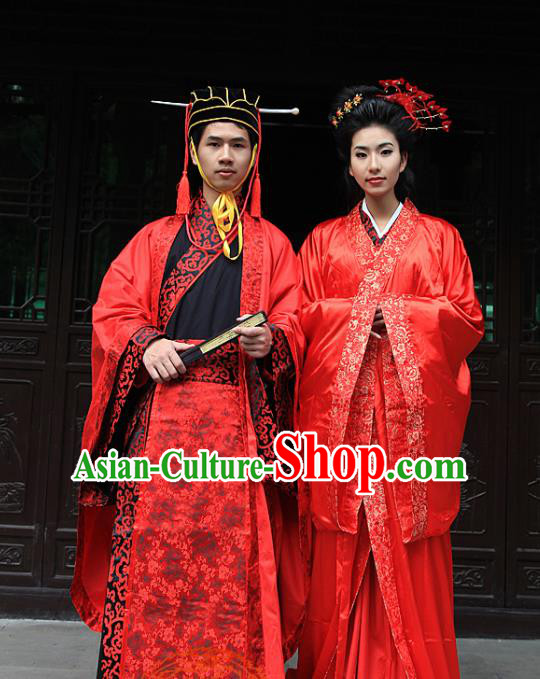 Chinese Ancient Wedding Costumes Traditional Han Dynasty Bride and Bridegroom Hanfu Clothing Complete Set