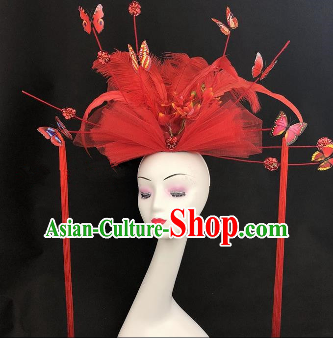 Chinese Traditional Exaggerated Headdress Children Catwalks Red Veil Hair Accessories for Kids