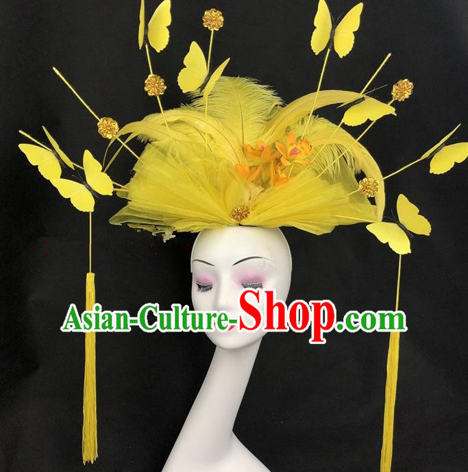 Chinese Traditional Exaggerated Headdress Children Catwalks Yellow Veil Feather Hair Accessories for Kids