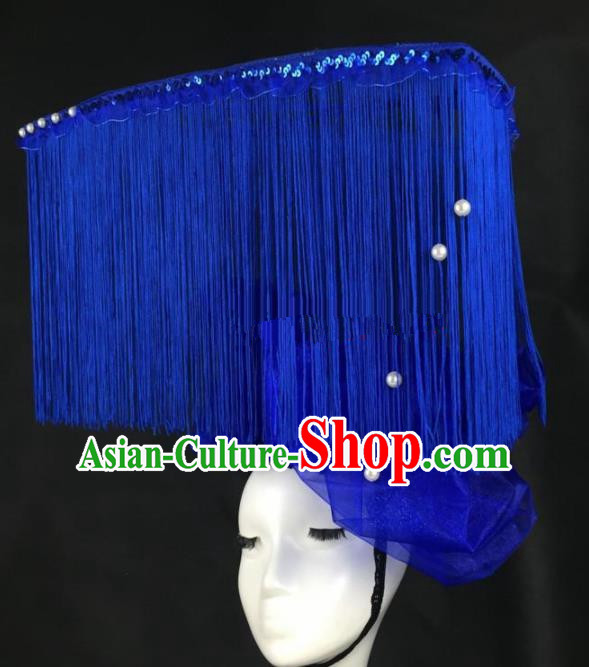 Top Grade Catwalks Hair Accessories Halloween Brazilian Carnival Blue Veil Tassel Headdress for Women