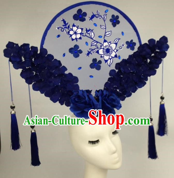 Chinese Traditional Exaggerated Palace Headdress Catwalks Blue Flowers Hair Accessories for Women