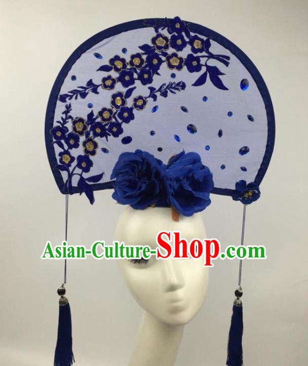 Chinese Traditional Exaggerated Palace Headdress Catwalks Blue Wintersweet Hair Accessories for Women