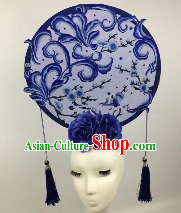 Chinese Traditional Exaggerated Palace Headdress Catwalks Embroidered Wintersweet Blue Hair Accessories for Women