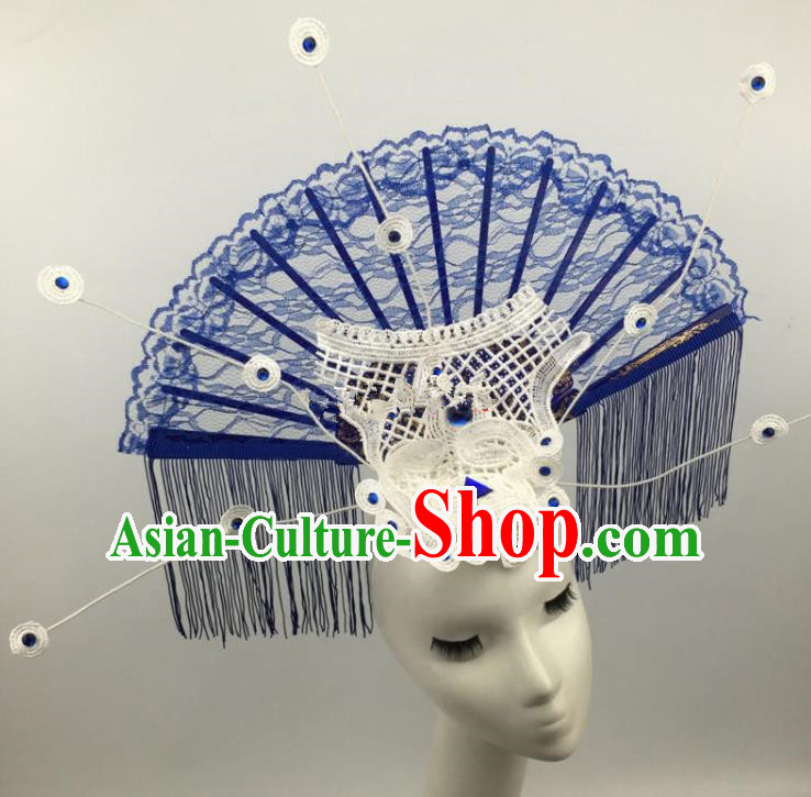 Chinese Traditional Exaggerated Palace Headdress Catwalks Blue Lace Hair Accessories for Women