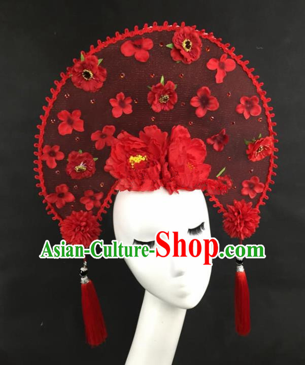 Chinese Traditional Catwalks Exaggerated Headdress Palace Red Peony Hair Accessories for Women