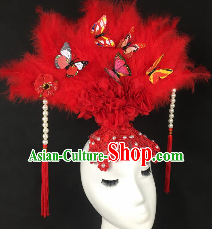 Chinese Traditional Catwalks Exaggerated Headdress Palace Red Feather Hair Accessories for Women