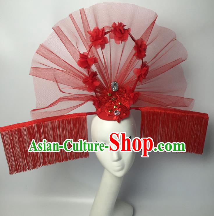 Chinese Traditional Catwalks Exaggerated Headdress Palace Red Veil Hair Accessories for Women