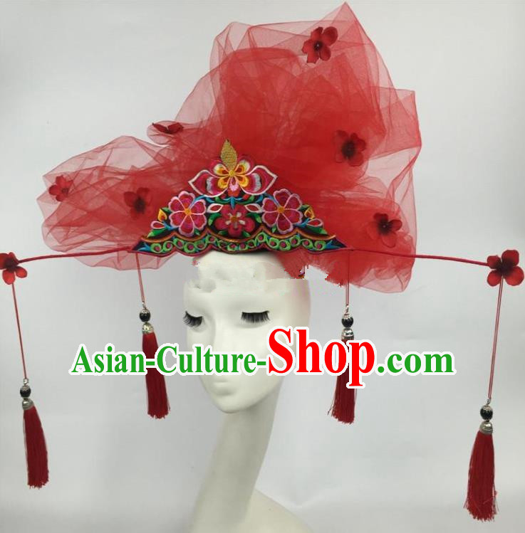 Chinese Traditional Catwalks Exaggerated Red Veil Headdress Palace Hair Accessories for Women