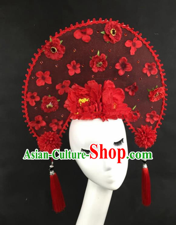 Chinese Traditional Catwalks Exaggerated Red Peony Headdress Palace Hair Accessories for Women