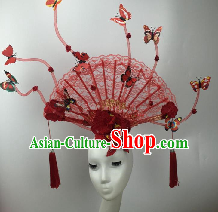 Chinese Traditional Catwalks Exaggerated Red Lace Butterfly Headdress Palace Hair Accessories for Women