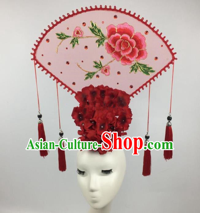 Chinese Traditional Exaggerated Palace Headdress Catwalks Embroidered Pink Peony Hair Accessories for Women