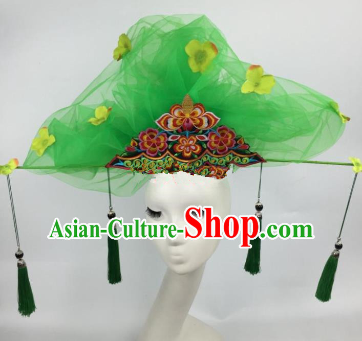 Chinese Traditional Catwalks Green Veil Headdress Palace Exaggerated Hair Accessories for Women