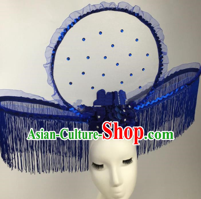 Chinese Traditional Catwalks Blue Flowers Tassel Headdress Palace Exaggerated Hair Accessories for Women