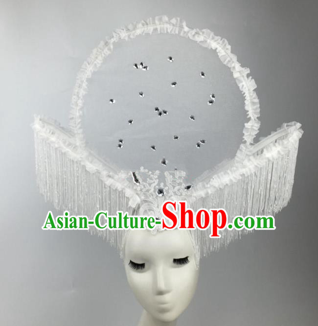 Chinese Traditional Catwalks White Flowers Tassel Headdress Palace Exaggerated Hair Accessories for Women