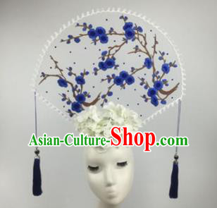 Chinese Traditional Catwalks Blue Wintersweet Headdress Palace Exaggerated Hair Accessories for Women