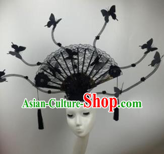 Chinese Traditional Catwalks Black Lace Butterfly Headdress Palace Exaggerated Hair Accessories for Women